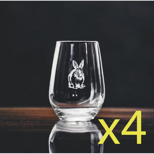 Rabbit Stemless Wine Glasses x4 Premium 15 Oz Personalize Hare Animal Wild NEW