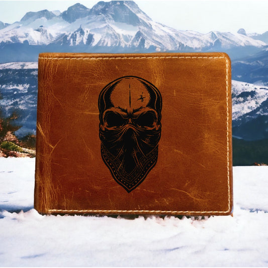 Skull Bandana Leather Wallet Bifold Premium Quality Buffalo Hardcore Biker NEW