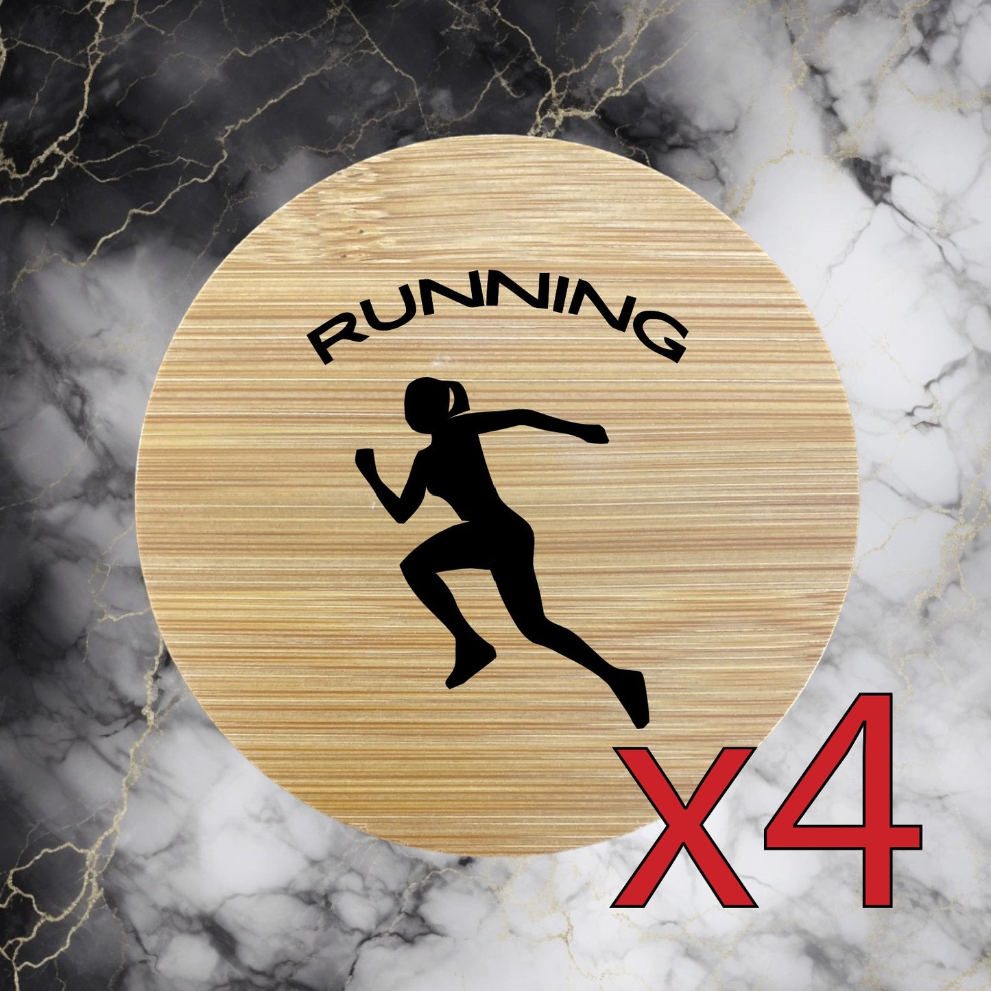 Running Woman x4 Bamboo Coasters Drink Natural Wood Home Decor Lounge Gym NEW