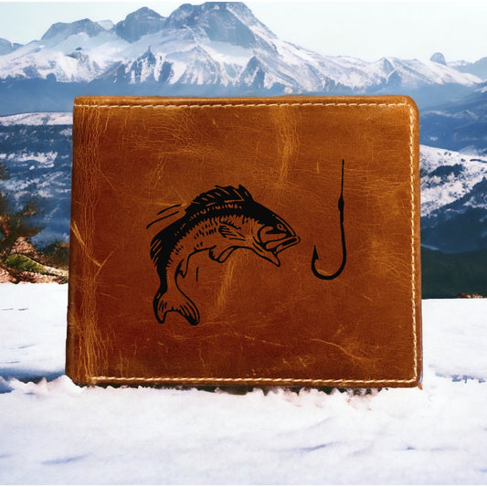 Fishing Hook Leather Wallet Bifold Premium Quality Buffalo Bass Animal Pond NEW