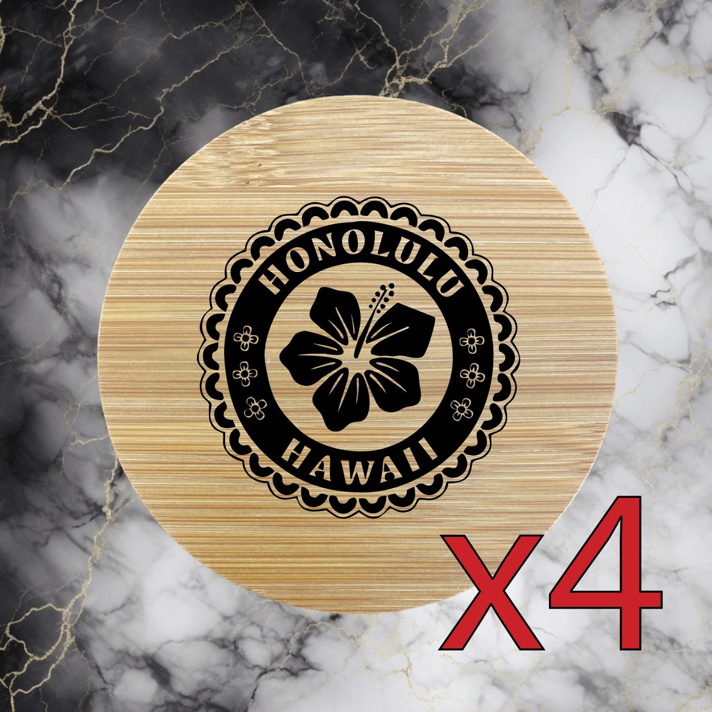 Hawaii x4 Bamboo Coasters Drink Natural Wood Home Decor Lounge Hibiscus NEW