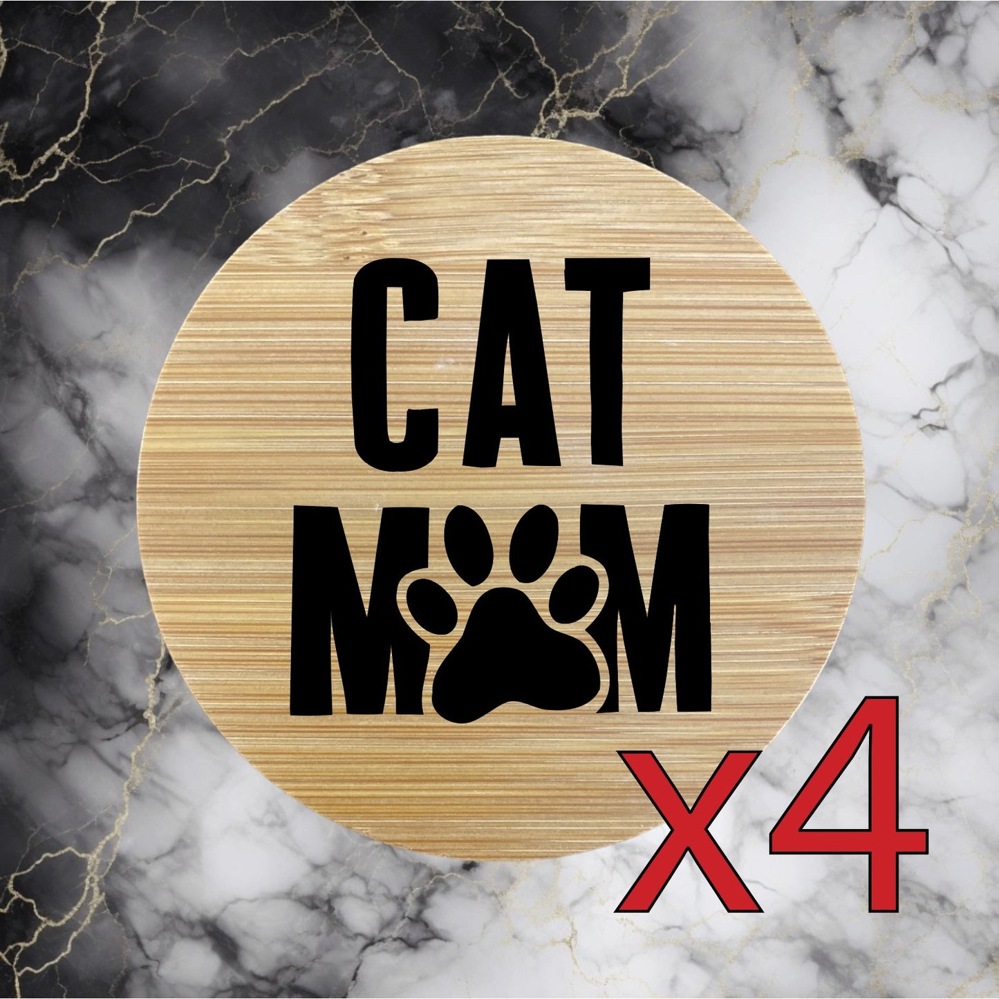 Cat Mom x4 Bamboo Coasters Drink Natural Wood Home Decor Lounge Paw Pet NEW