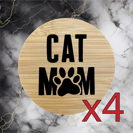 Cat Mom x4 Bamboo Coasters Drink Natural Wood Home Decor Lounge Paw Pet NEW