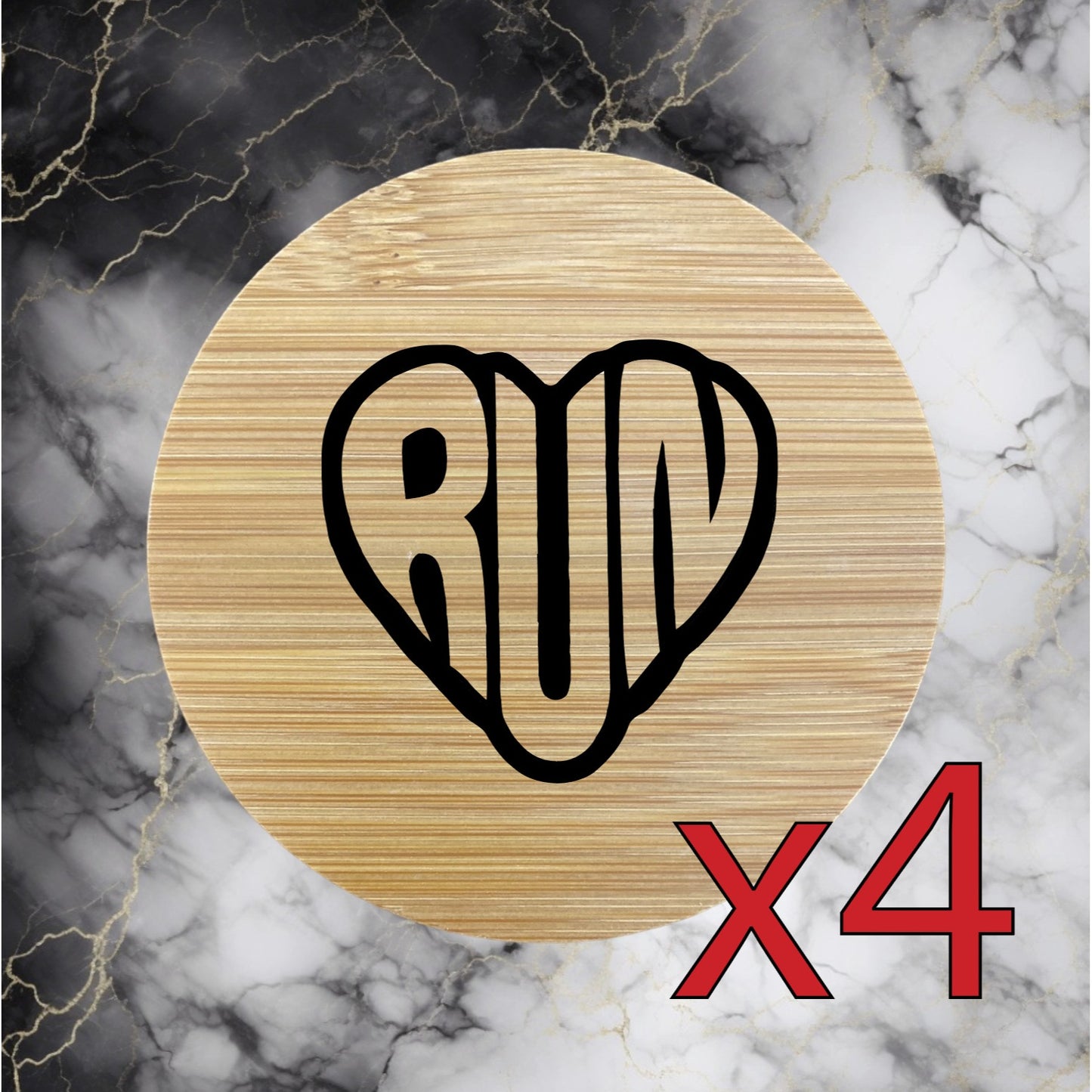 Run Heart x4 Bamboo Coasters Drink Natural Wood Home Decor Lounge Sport Gym NEW