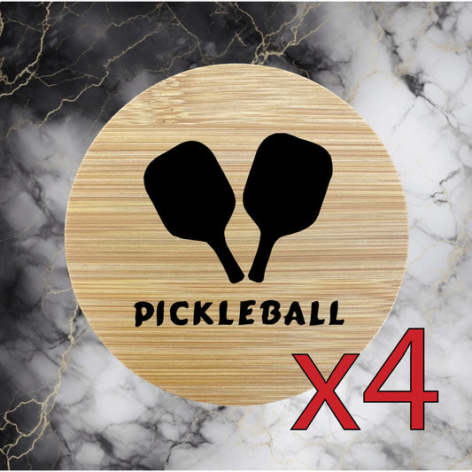 Pickleball x4 Bamboo Coasters Drink Natural Wood Home Decor Lounge Paddle NEW