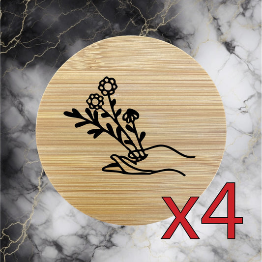 Flower Hand x4 Bamboo Coasters Drink Natural Wood Home Decor Lounge Floral NEW