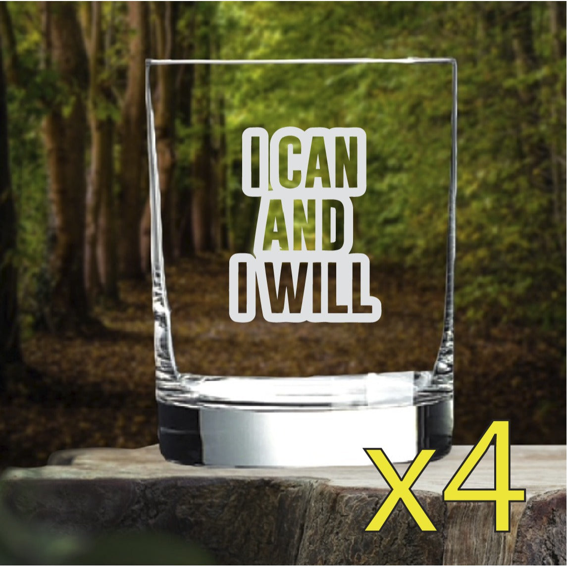 I Can I Will Whiskey Glasses x4 Double 14 Oz Premium Old Fashioned Mindset NEW