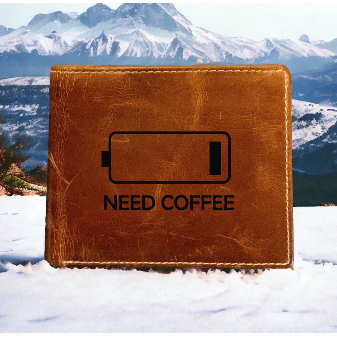 Need Coffee Leather Wallet Bifold Premium Quality Buffalo Energy Battery NEW