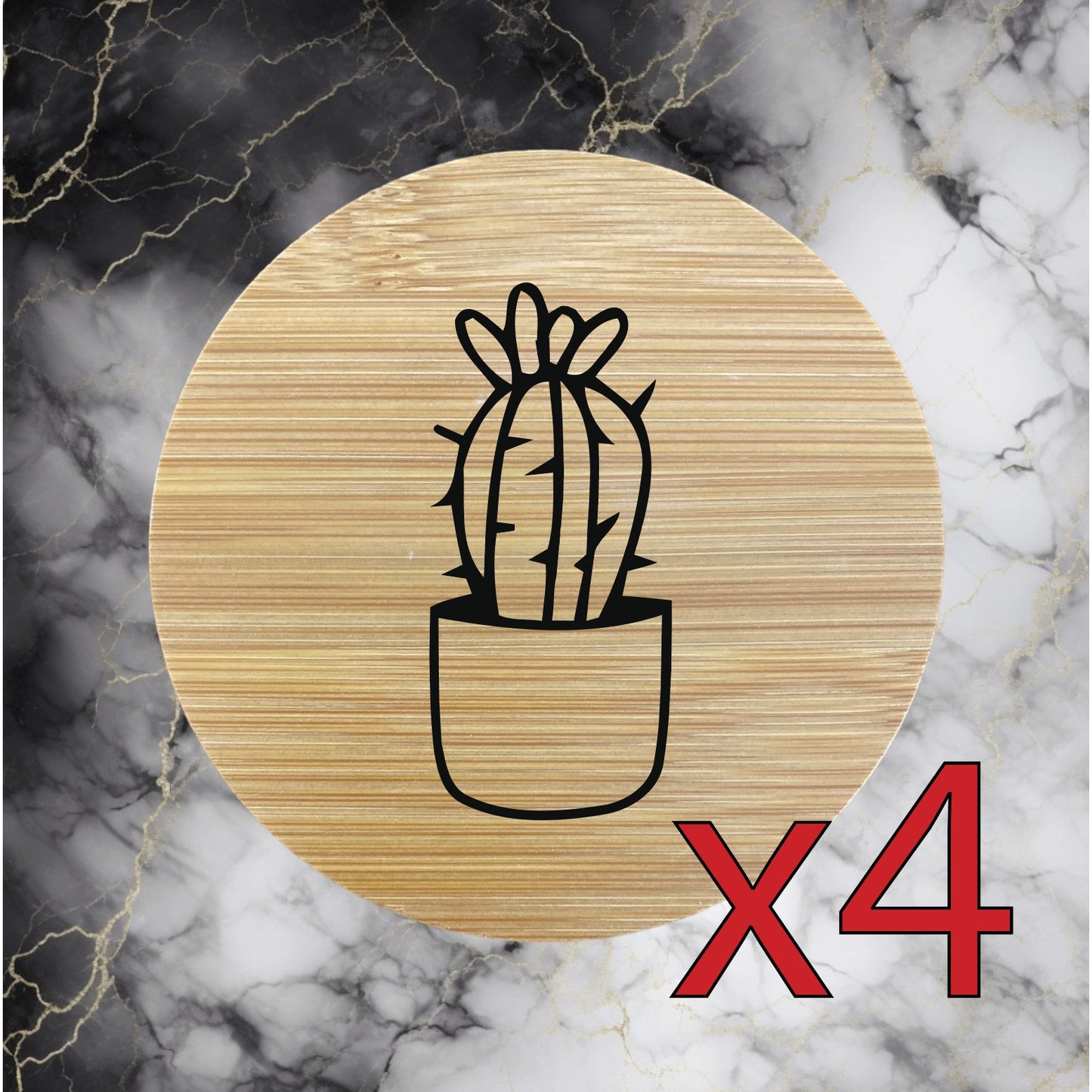 Little Cactus x4 Bamboo Coasters Drink Natural Wood Home Decor Lounge Plant NEW