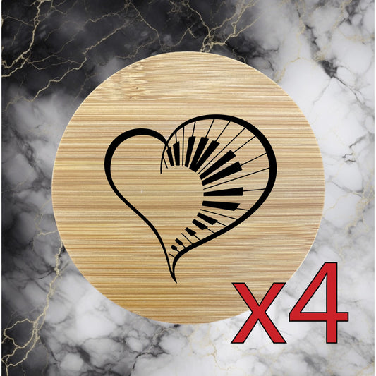 Piano Heart x4 Bamboo Coasters Drink Natural Wood Home Decor Lounge Music NEW