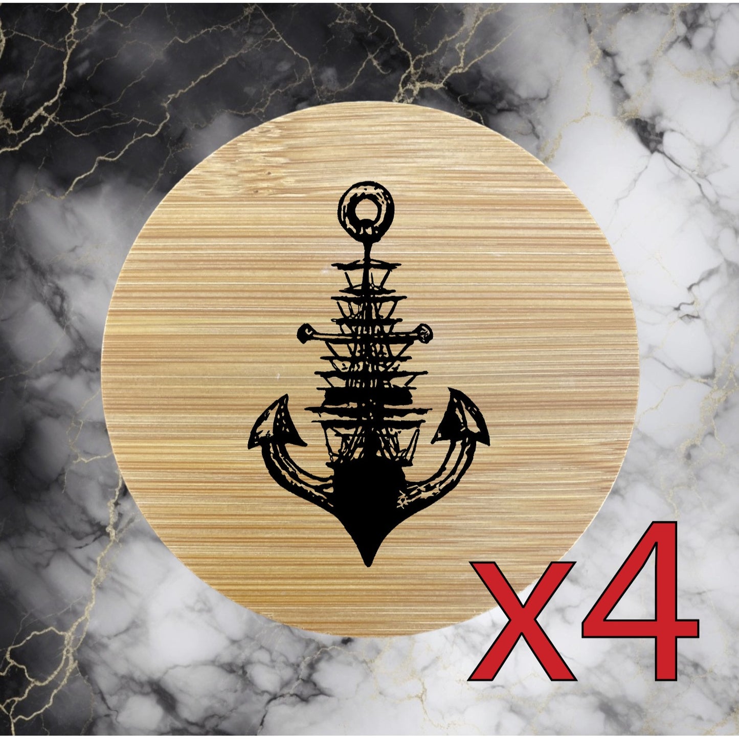 Ship Anchor x4 Bamboo Coasters Drink Natural Wood Home Decor Lounge Ocean NEW