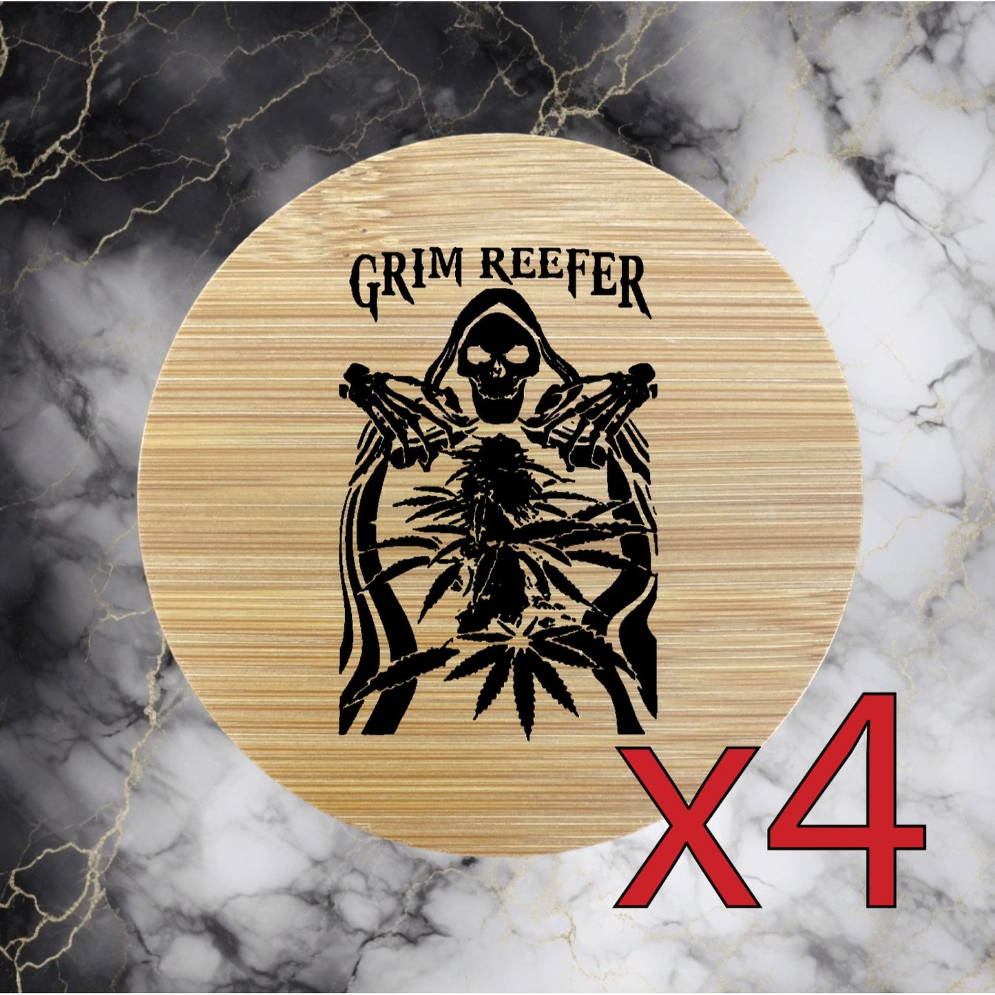 Grim Reefer x4 Bamboo Coasters Drink Natural Wood Home Decor Lounge 420 Weed NEW