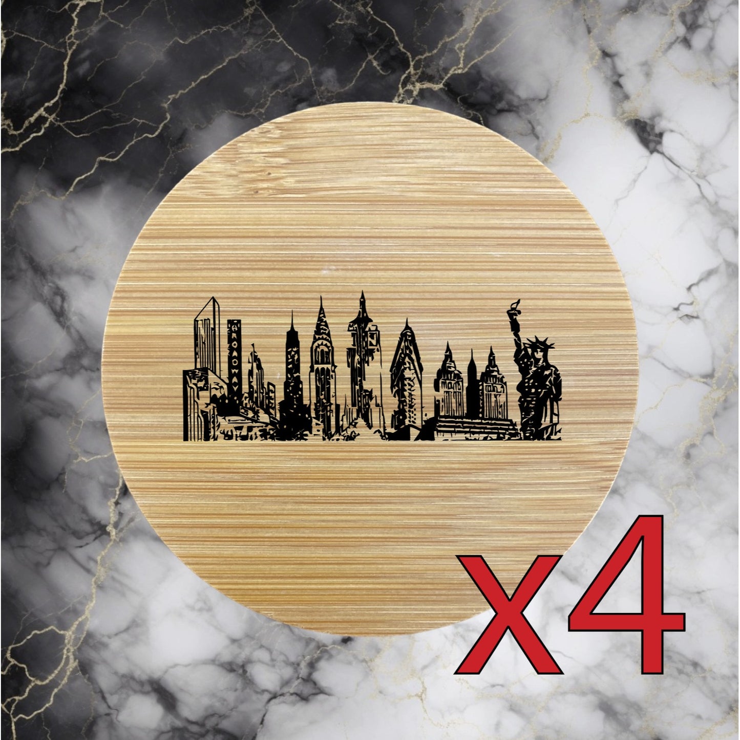 New York City x4 Bamboo Coasters Drink Natural Wood Home Decor Skyline NEW