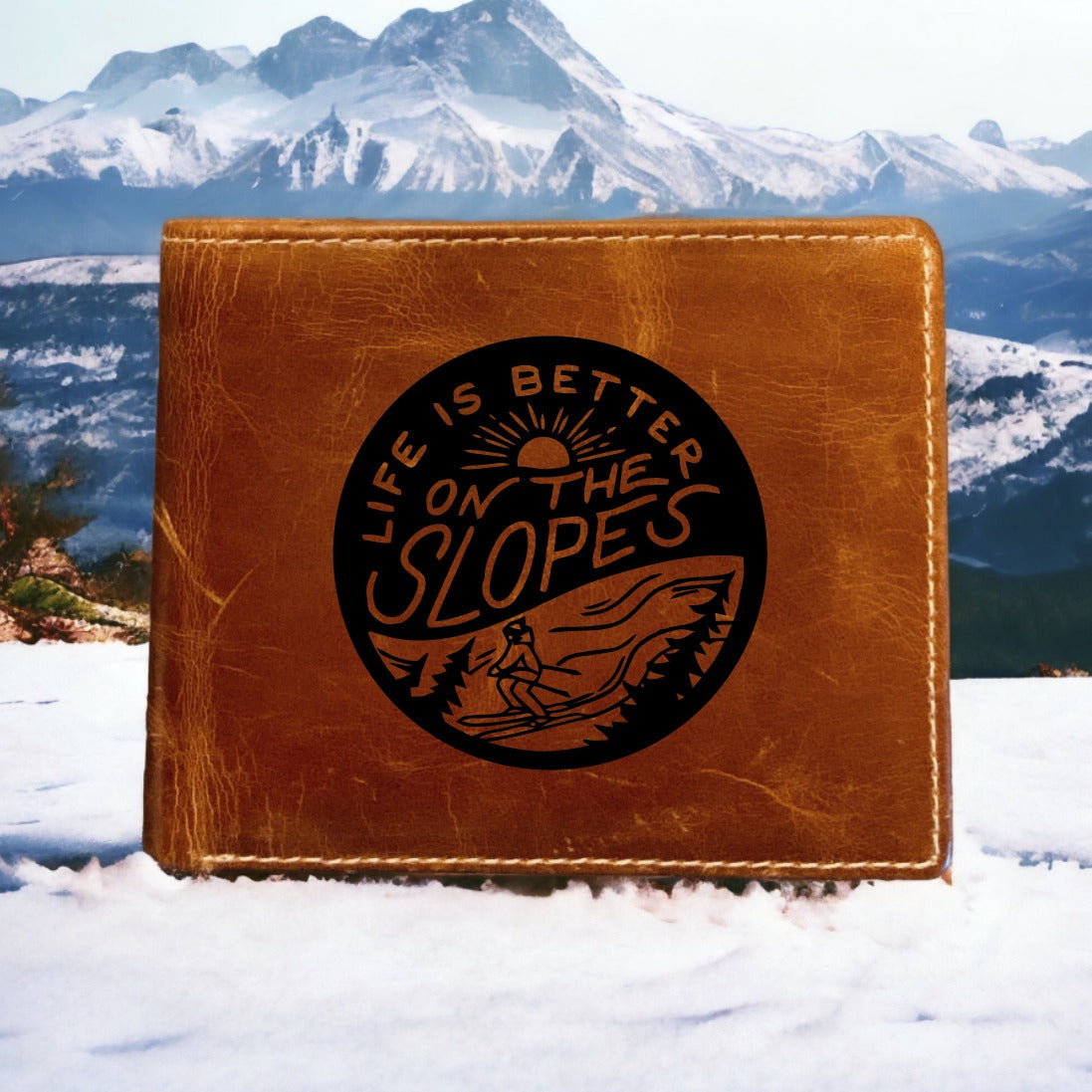 Ski Slopes Leather Wallet Bifold Premium Quality Buffalo Winter Outdoor NEW