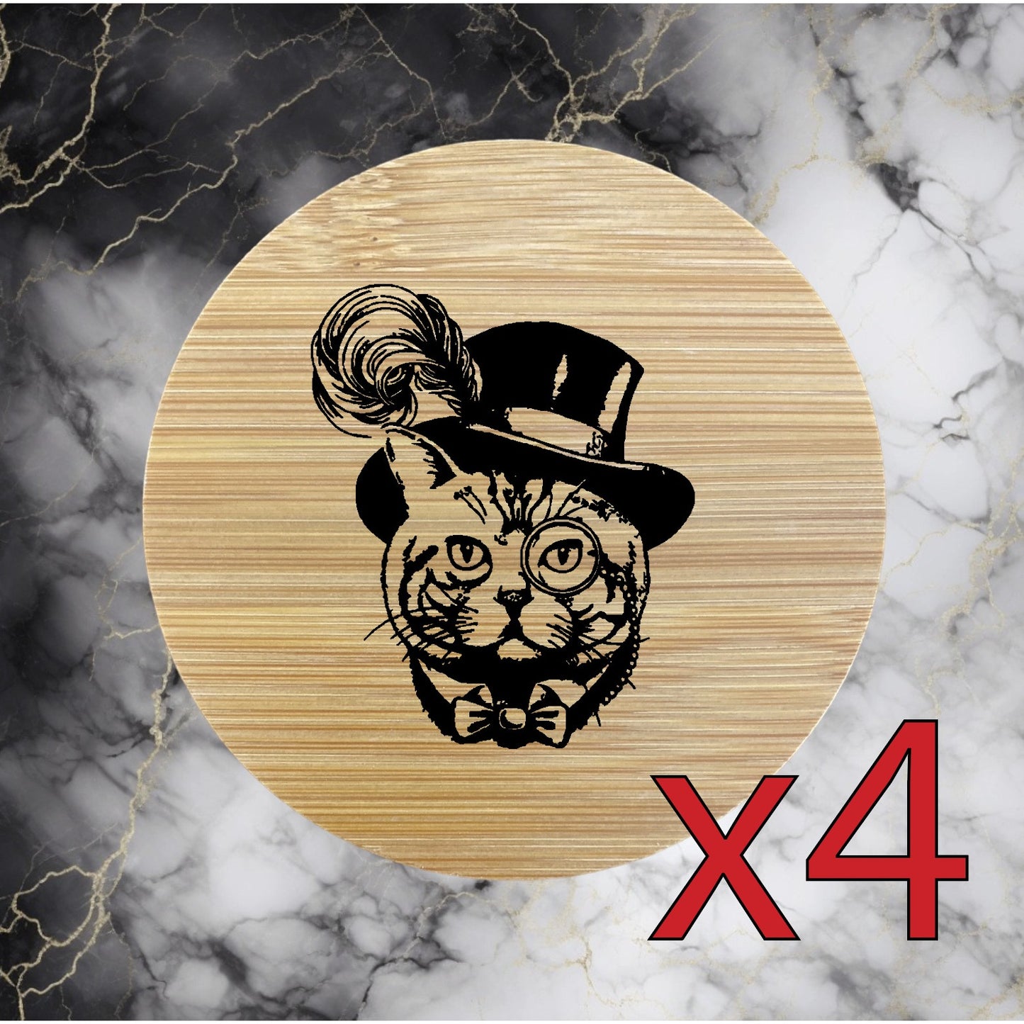 Cat Gentleman x4 Bamboo Coasters Drink Natural Wood Home Decor Lounge Fancy NEW