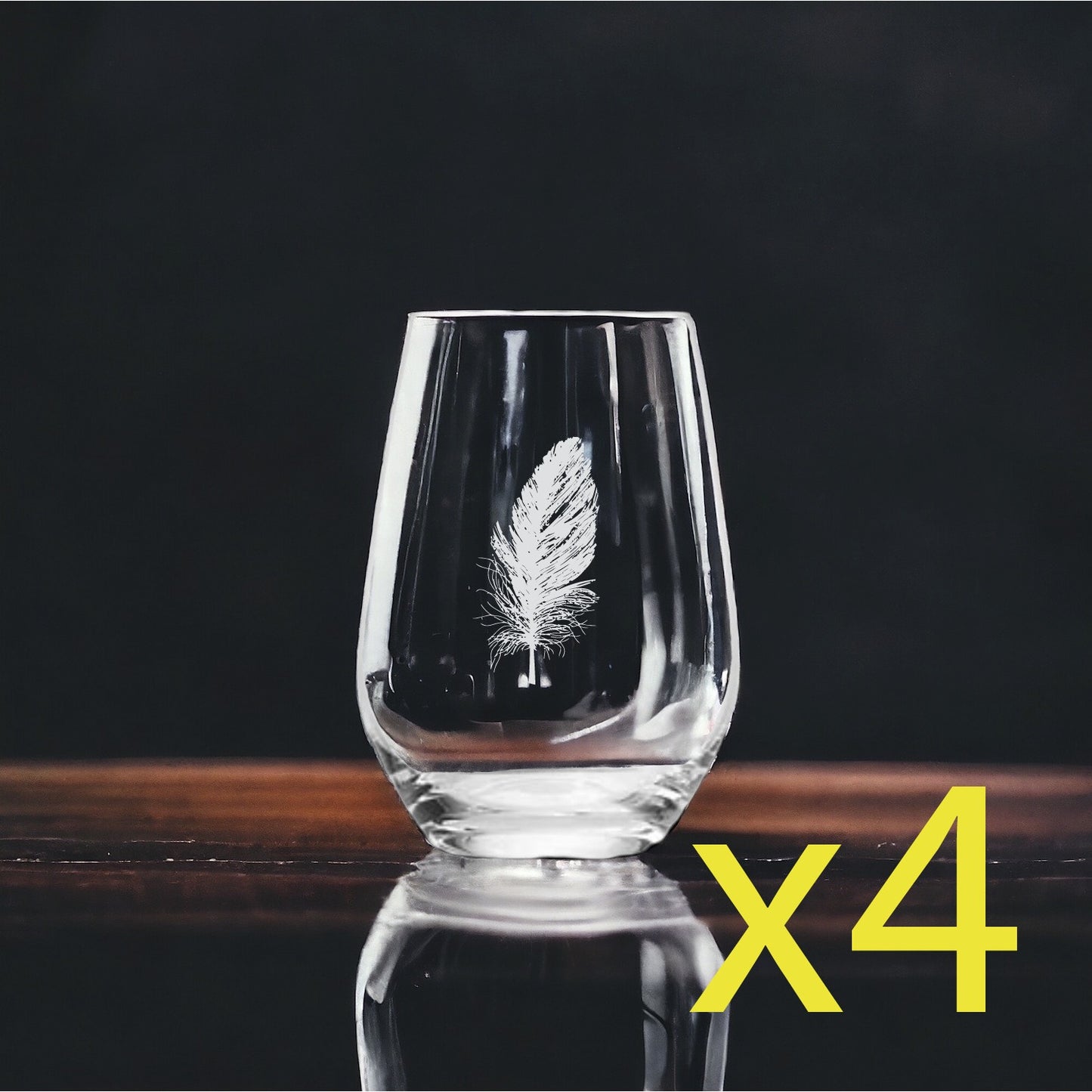 Feather Stemless Wine Glasses x4 Premium 15 Oz Personalize Bird Wildlife NEW