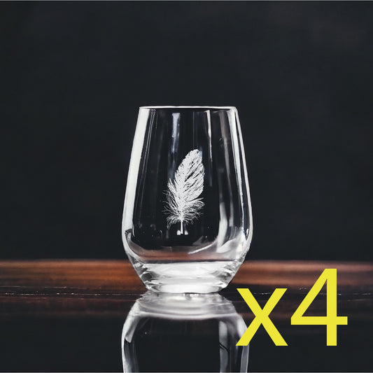 Feather Stemless Wine Glasses x4 Premium 15 Oz Personalize Bird Wildlife NEW