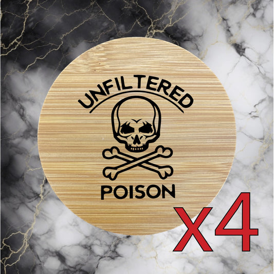 Poison x4 Bamboo Coasters Drink Natural Wood Home Decor Lounge Skull Death NEW