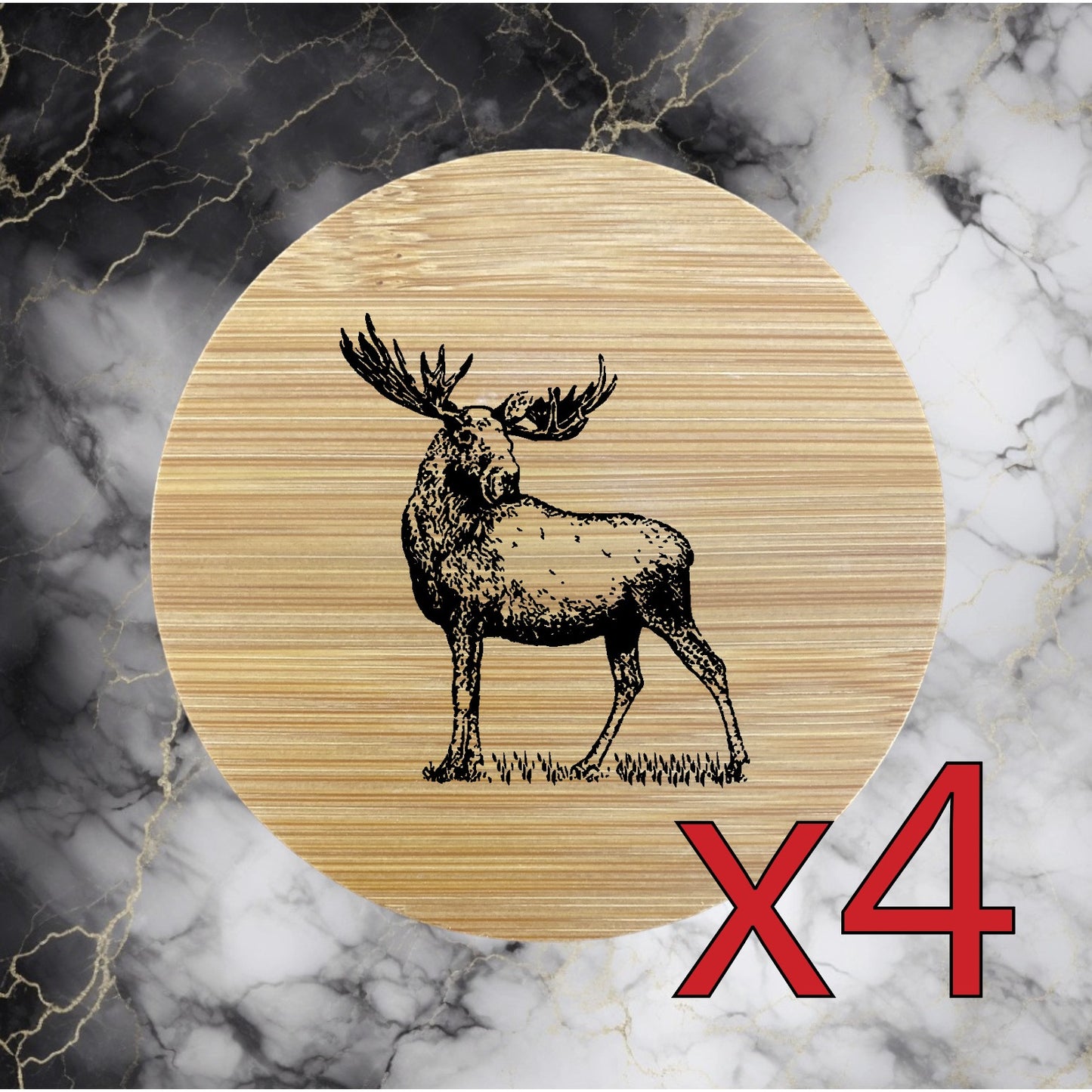 Moose x4 Bamboo Coasters Drink Natural Wood Home Decor Lounge Outdoor Nature NEW