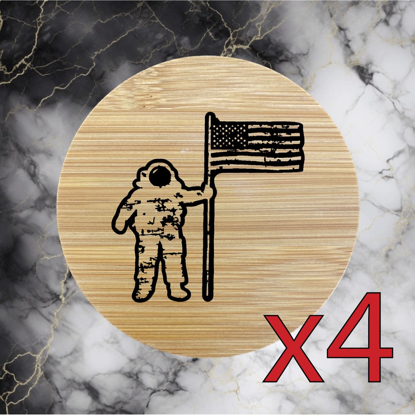 Astronaut USA x4 Bamboo Coasters Drink Natural Wood Home Decor Lounge NEW