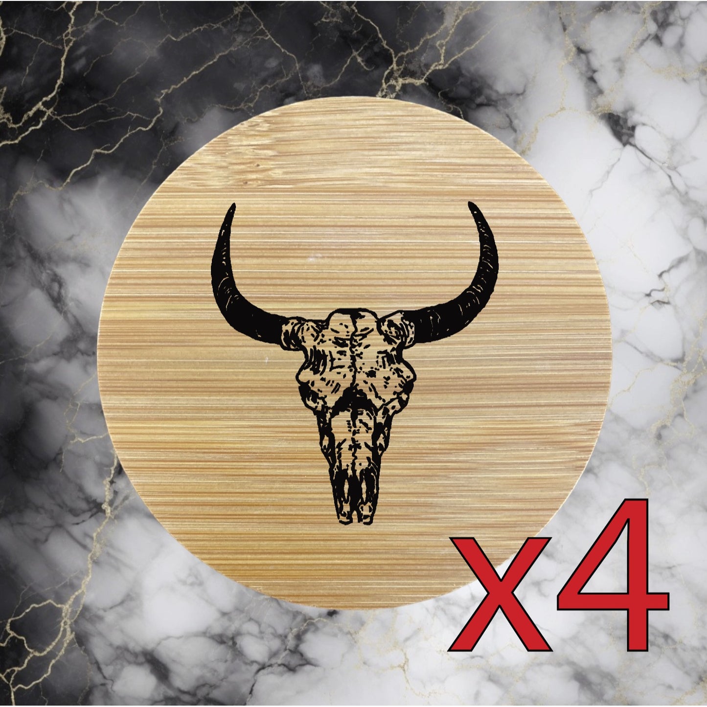 Bull Skull x4 Bamboo Coasters Drink Natural Wood Home Decor Lounge Western NEW