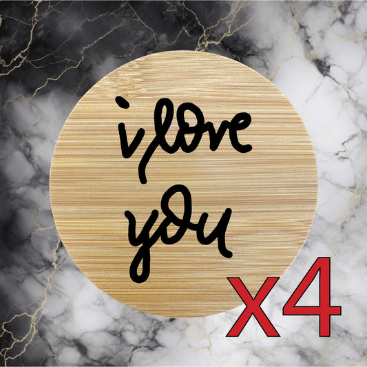 I Love You x4 Bamboo Coasters Drink Natural Wood Home Decor Lounge Quote NEW