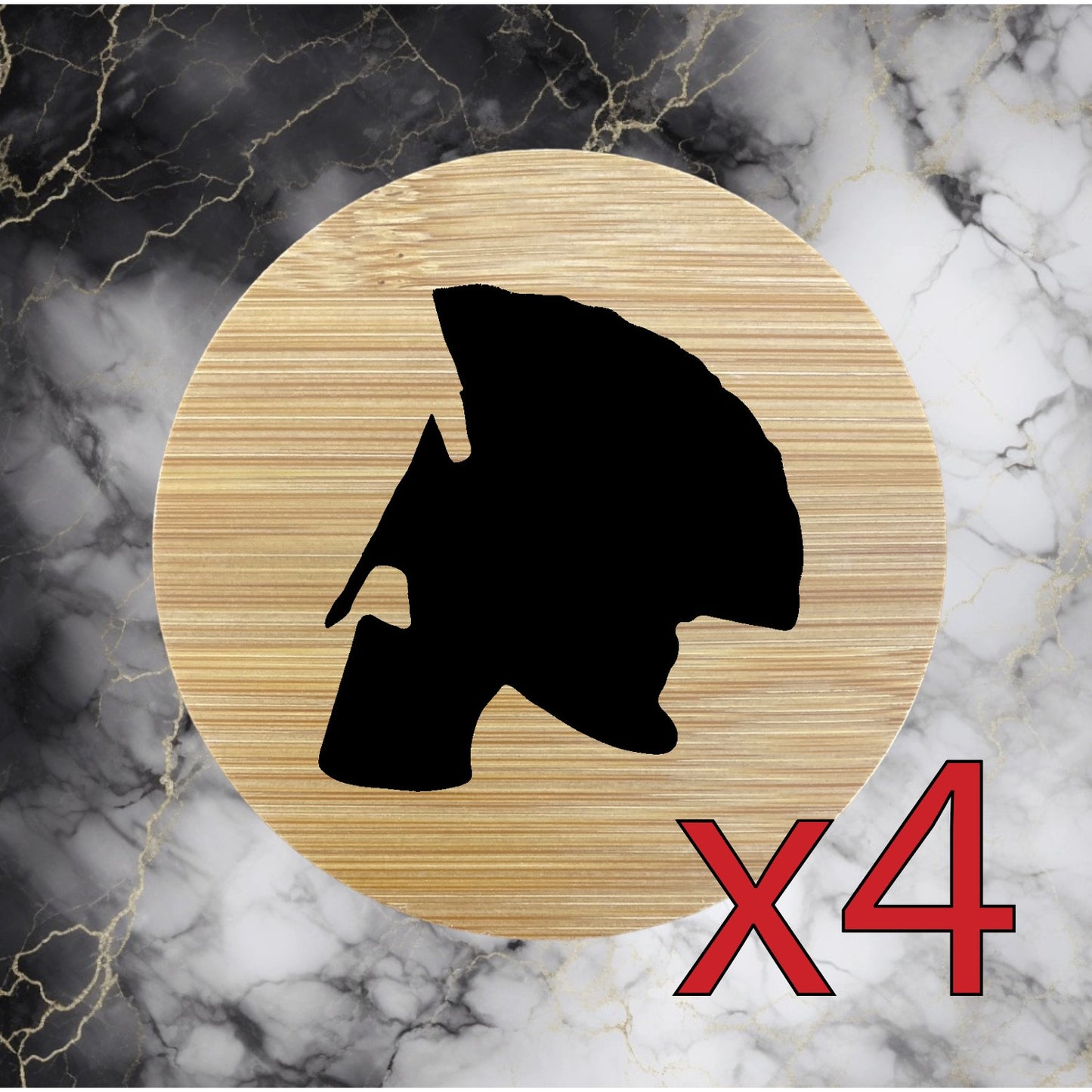 Spartan Helmet x4 Bamboo Coasters Drink Natural Wood Home Decor Lounge War NEW