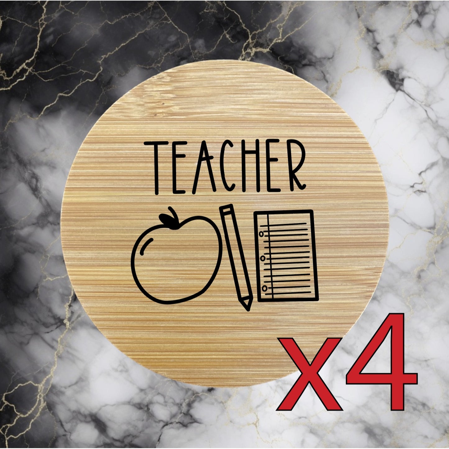 Teacher x4 Bamboo Coasters Drink Natural Wood Home Decor Lounge School Gift NEW