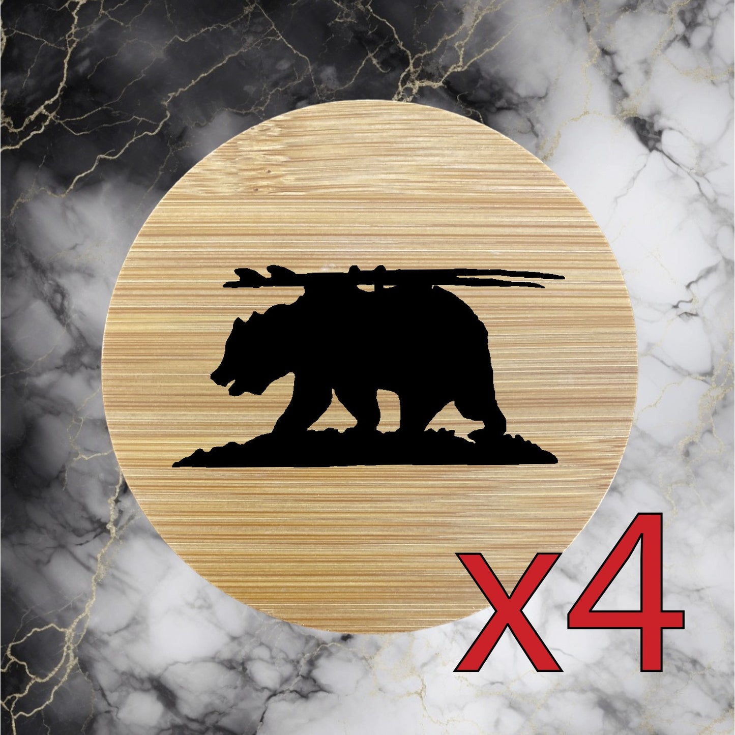 Grizzly Surfer x4 Bamboo Coasters Drink Natural Wood Home Decor Lounge Beach NEW