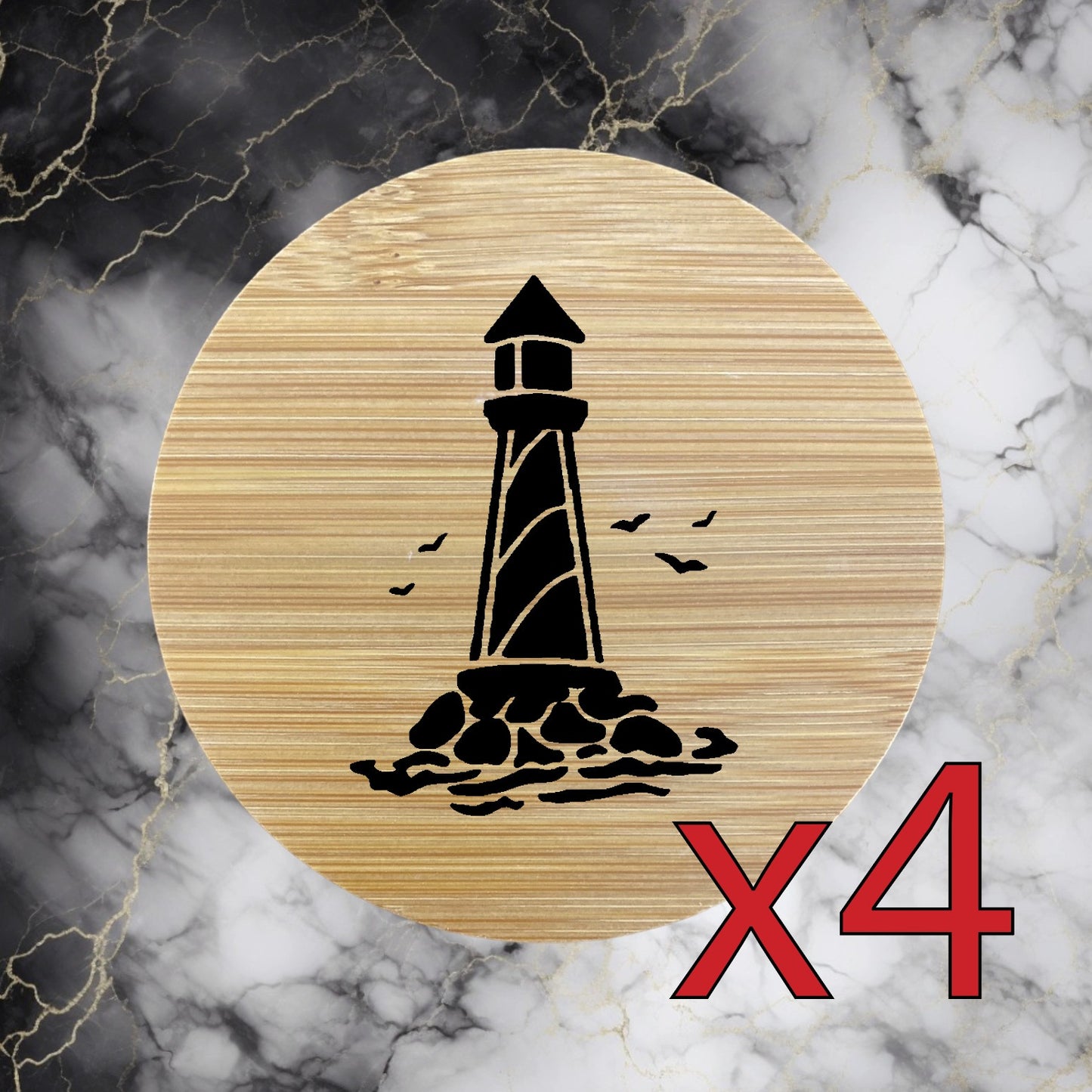 Lighthouse x4 Bamboo Coasters Drink Natural Wood Home Decor Lounge Beach NEW