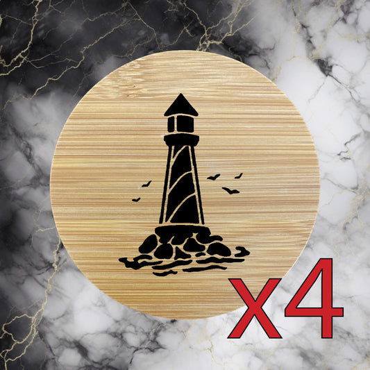 Lighthouse x4 Bamboo Coasters Drink Natural Wood Home Decor Lounge Beach NEW