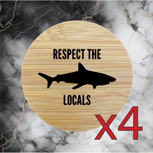 Respect Locals x4 Bamboo Coasters Drink Natural Wood Home Decor Lounge Shark NEW