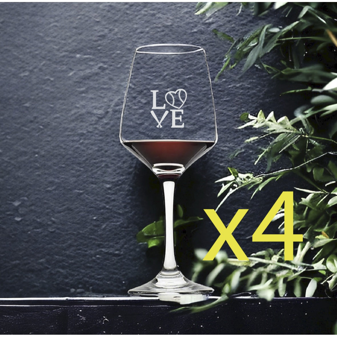 Love Baseball Wine Glasses x4 Premium 12 Oz Personalize Heart Bat Sport NEW