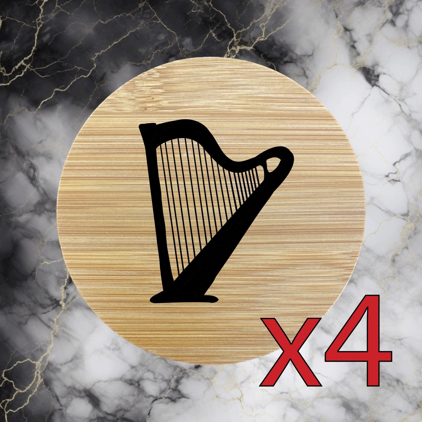 Harp x4 Bamboo Coasters Drink Natural Wood Home Decor Lounge Instrument NEW