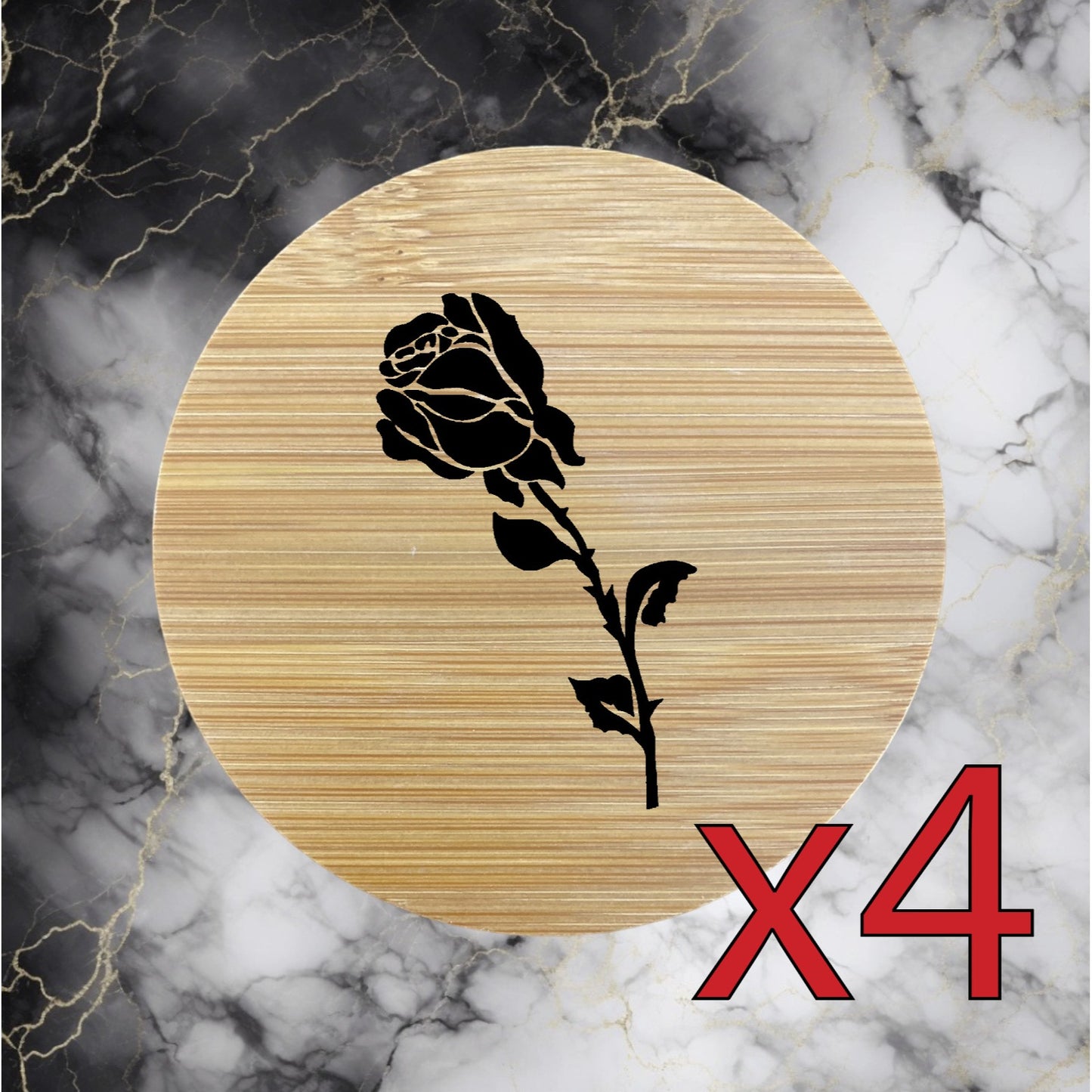 Rose x4 Bamboo Coasters Drink Natural Wood Home Decor Lounge Floral Flower NEW