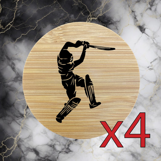 Cricket Player x4 Bamboo Coasters Drink Natural Wood Home Decor Lounge Sport NEW