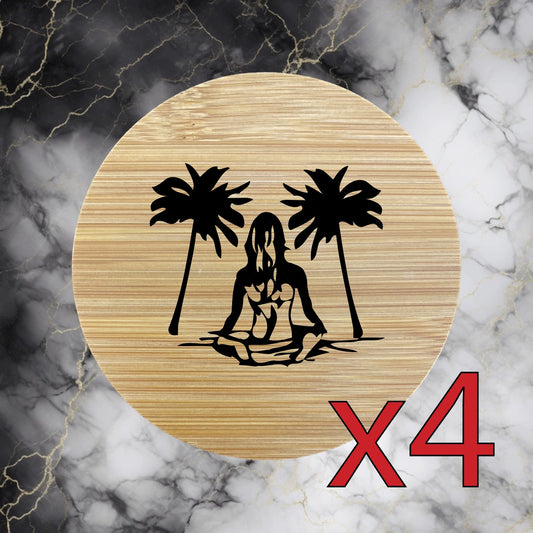 Beach Woman x4 Bamboo Coasters Drink Natural Wood Home Decor Lounge Tropical NEW