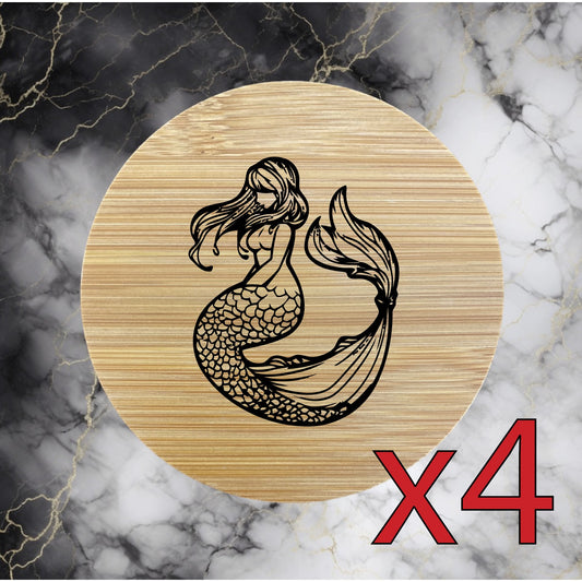 Mermaid x4 Bamboo Coasters Drink Natural Wood Home Decor Lounge Ocean Gift NEW