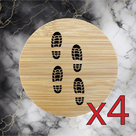 Boot Prints x4 Bamboo Coasters Drink Natural Wood Home Decor Lounge Outdoor NEW