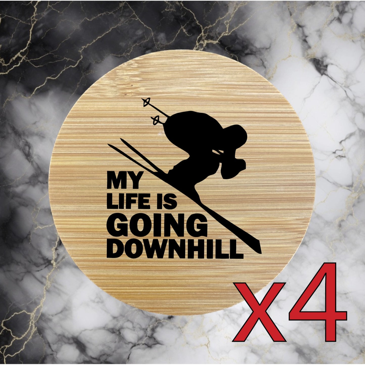 Life Downhill x4 Bamboo Coasters Drink Natural Wood Home Decor Lounge Ski NEW