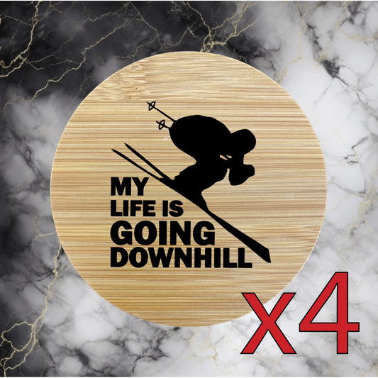 Life Downhill x4 Bamboo Coasters Drink Natural Wood Home Decor Lounge Ski NEW