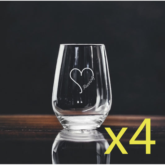 Running Heart Stemless Wine Glasses x4 Premium 15 Oz Personalize Workout Gym NEW