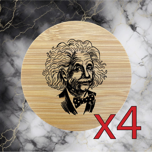 Einstein x4 Bamboo Coasters Drink Natural Wood Home Decor College Smart NEW