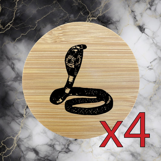 King Cobra x4 Bamboo Coasters Drink Natural Wood Home Decor Lounge Snake NEW