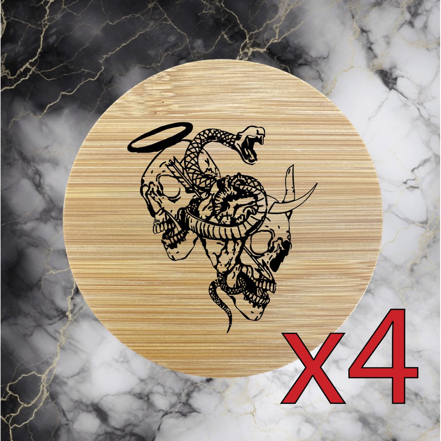 Angel Devil x4 Bamboo Coasters Drink Natural Wood Home Decor Lounge Snake NEW