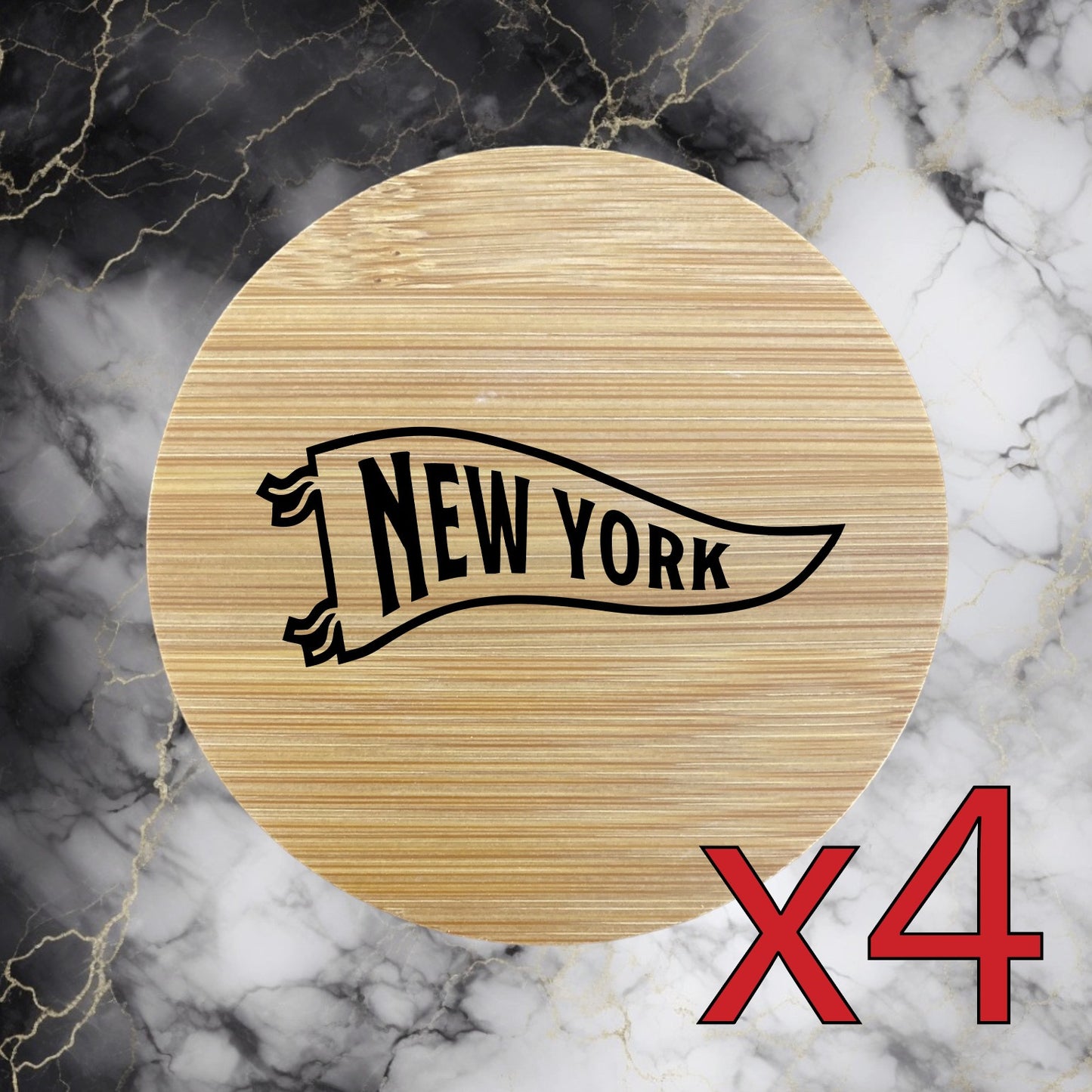 New York x4 Bamboo Coasters Drink Natural Wood Home Decor Lounge Pennant NEW