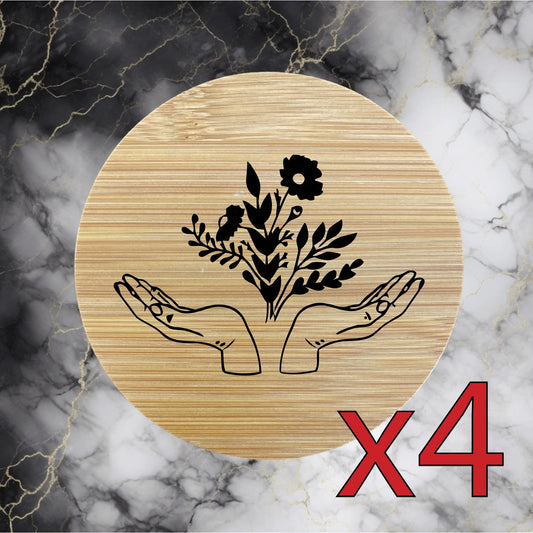 Flowers Hands x4 Bamboo Coasters Drink Natural Wood Home Decor Lounge Garden NEW