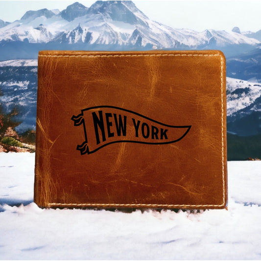 New York Leather Wallet Bifold Premium Quality Buffalo Pennant City Gift NEW