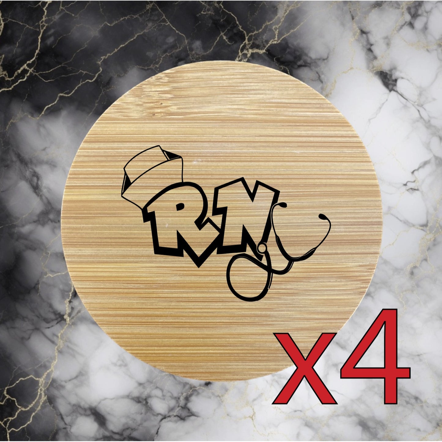 RN x4 Bamboo Coasters Drink Natural Wood Home Decor Lounge Nurse Medical NEW