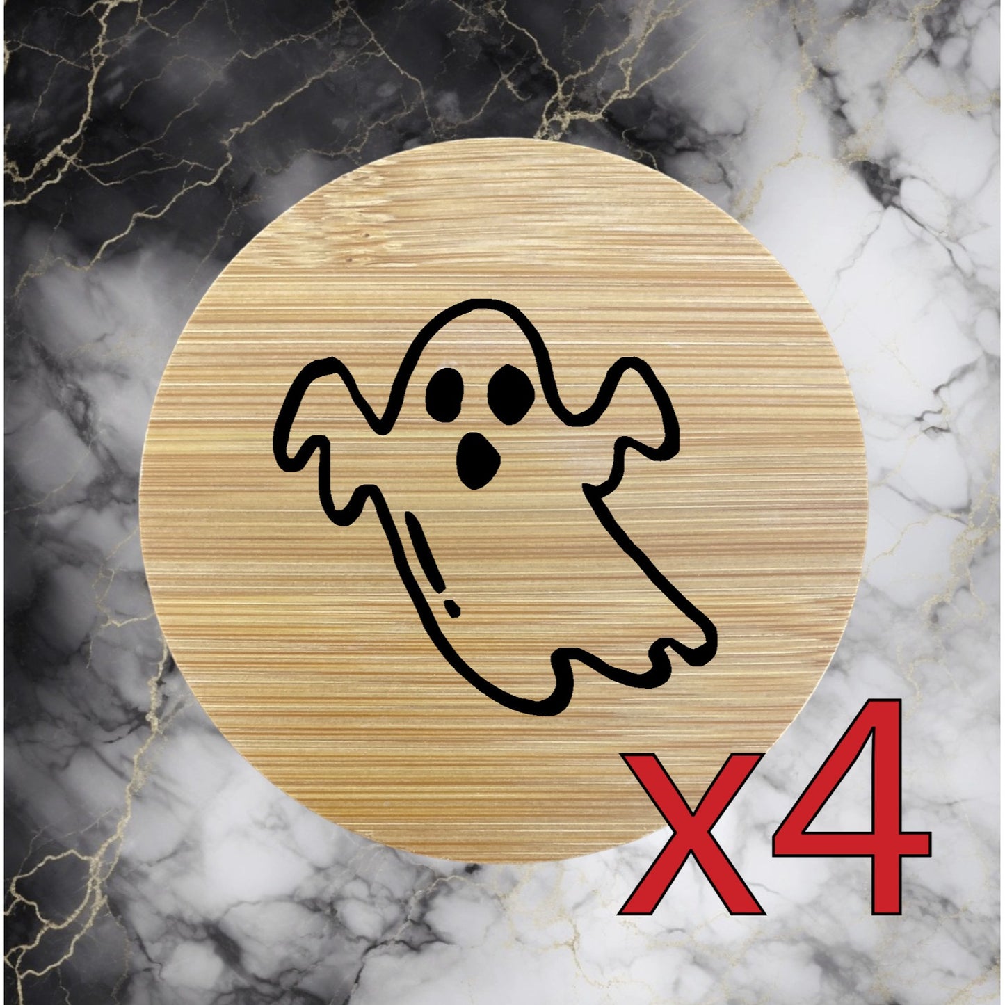 Ghost x4 Bamboo Coasters Drink Natural Wood Home Decor Lounge Spooky Cartoon NEW